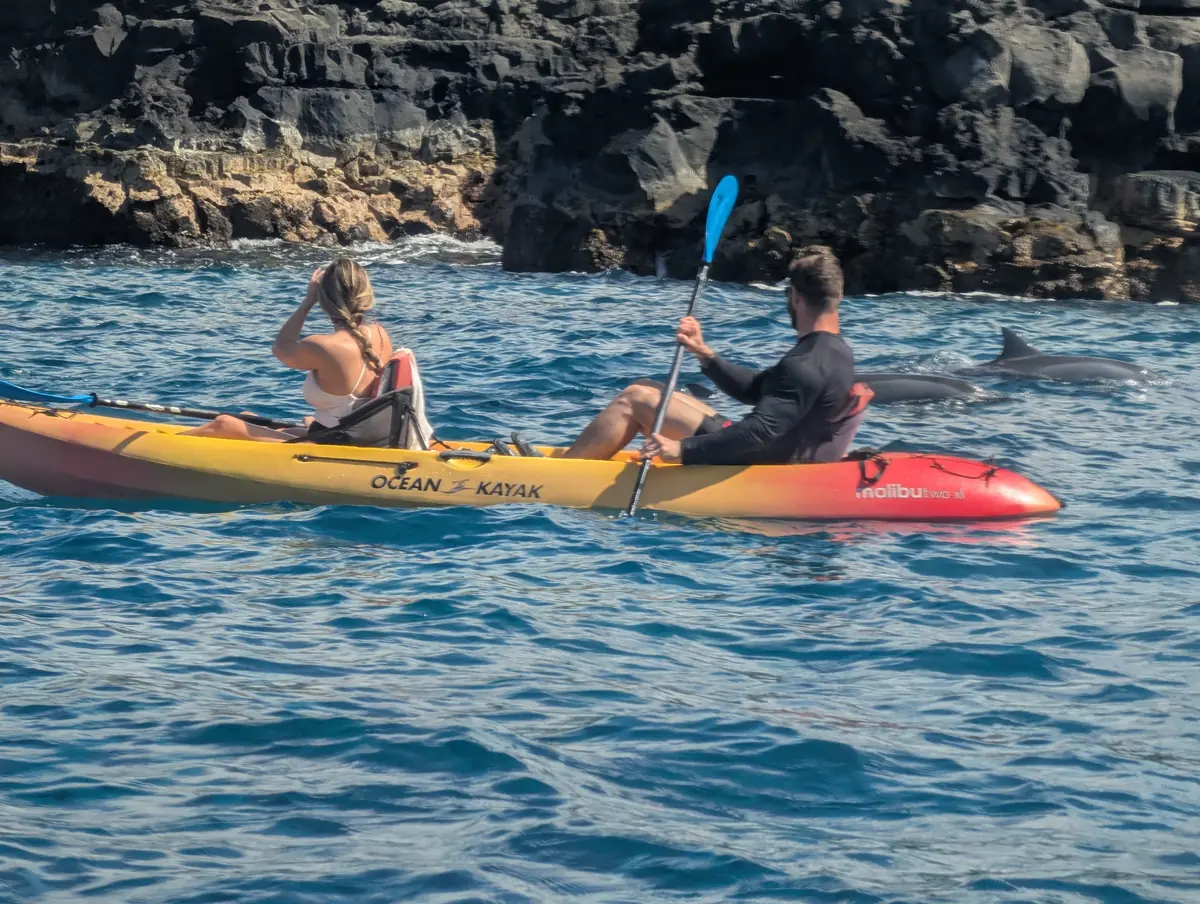 Guests paddling a tandem kayak below the lava cliffs, with a dolphin fin beside them